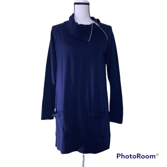Jeanne Pierre Size L Sweater Tunic Dress Blue Zipper Turtleneck Pockets - Picture 12 of 12